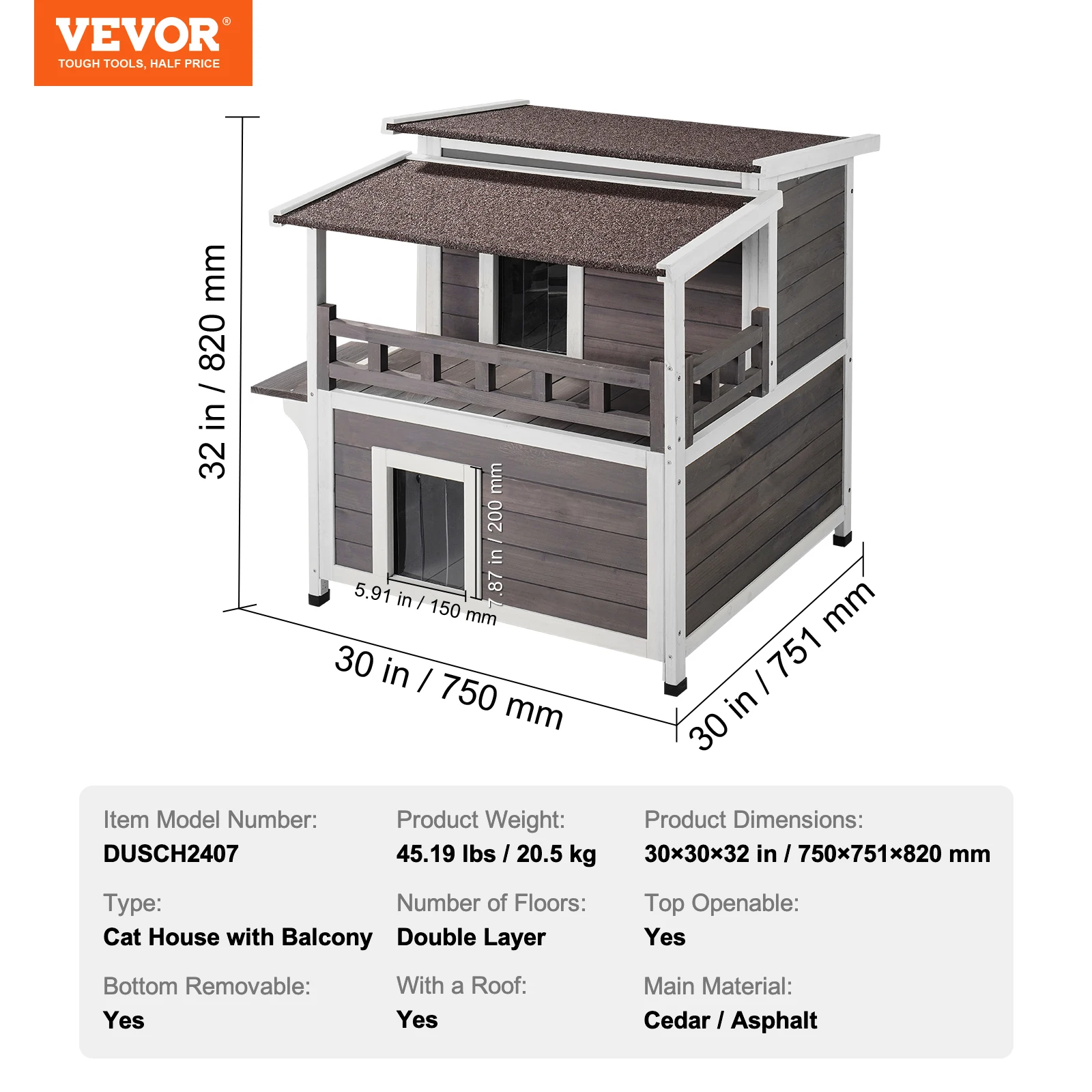 SucceBuy Kattenhuis voor buiten Weerbestendig Feral Cat Shelter 2 verdiepingen Groot houten kattenhuis voor buiten met balkondeur en open dak