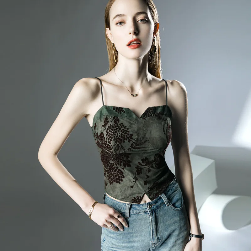 Boweylun Ultra Short Retro Print Camisole Women Summer Skin-friendly Breathable Flocking Gauze Inner T-Shirt Female