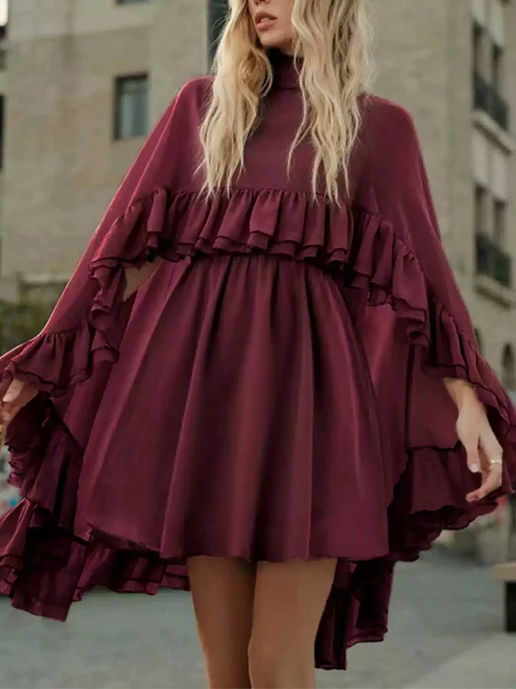 

Casual Ruffle Edge Pleated Irregular Dress Fashion Women's High Waisted Commuting Dress Chiffon Solid Color Loose Holiday Dress