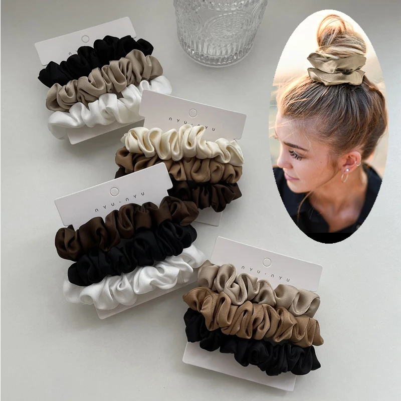 Silk Elastic Hair Bands Ponytail Holder Hair Tie Handmade White Black Coffee Hair Elastics 3Pcs Silky Satin Scrunchies Headwear