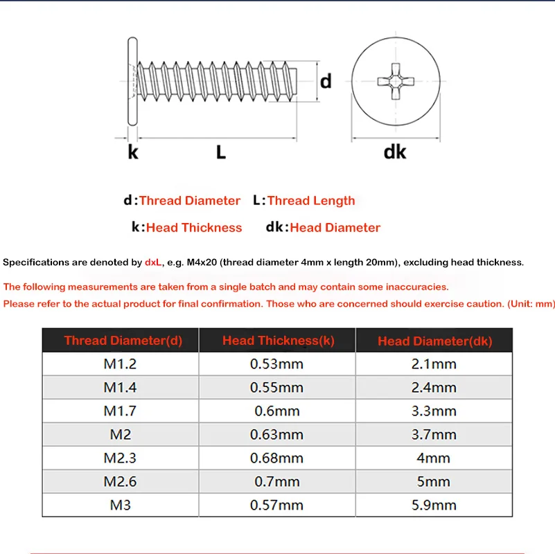 Thin Flat Head Cross Self-Tapping Screw M1.2 M1.4 M1.7 M2 M2.3 M2.6 M3 Black Carbon Steel Phillips Recess Flat-end Wood Screws