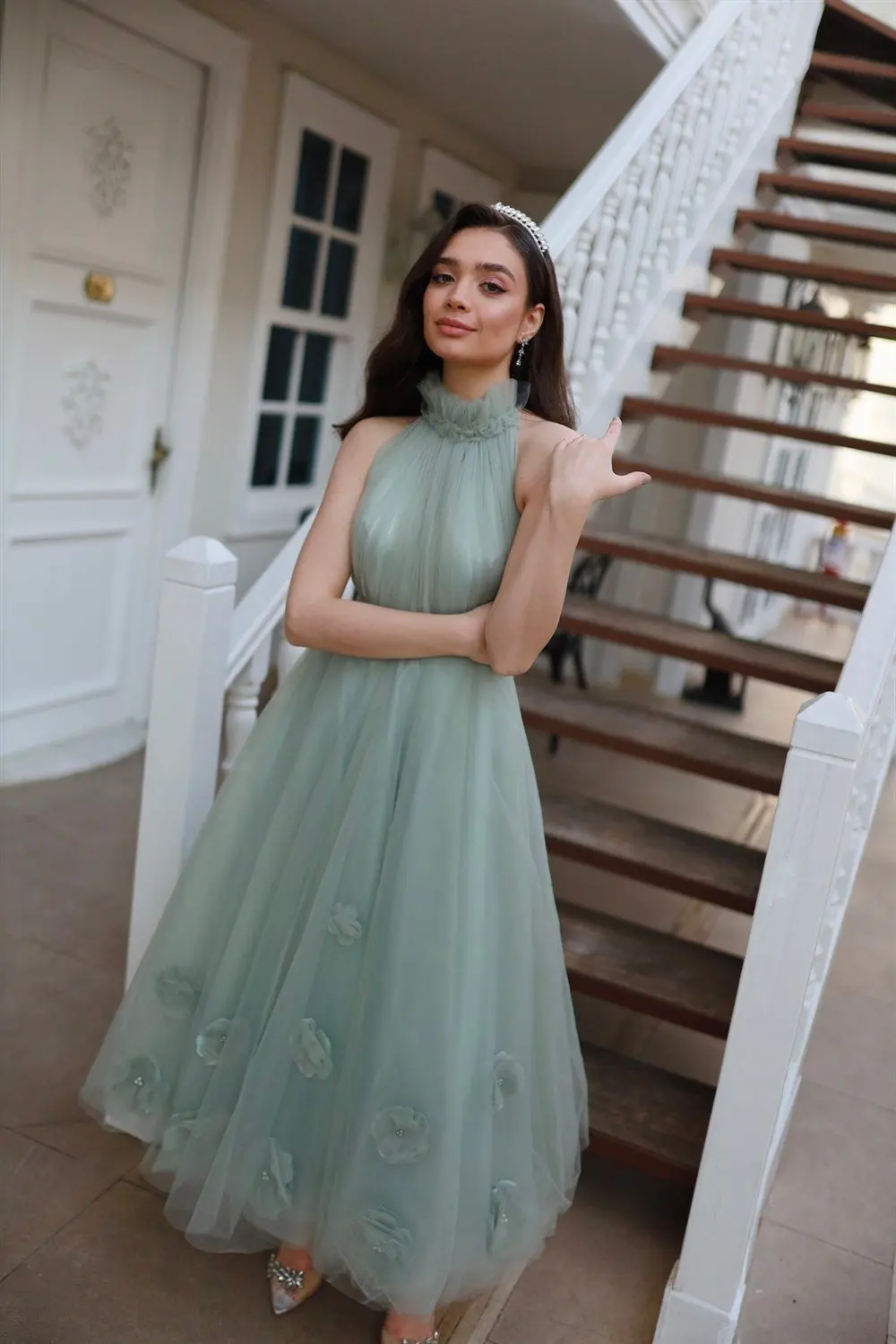 Mint Halter Flower Tea Length Tulle A Line Prom Dresses Custom Made 2024 Formal Bridal Growm Bridemaid Wear