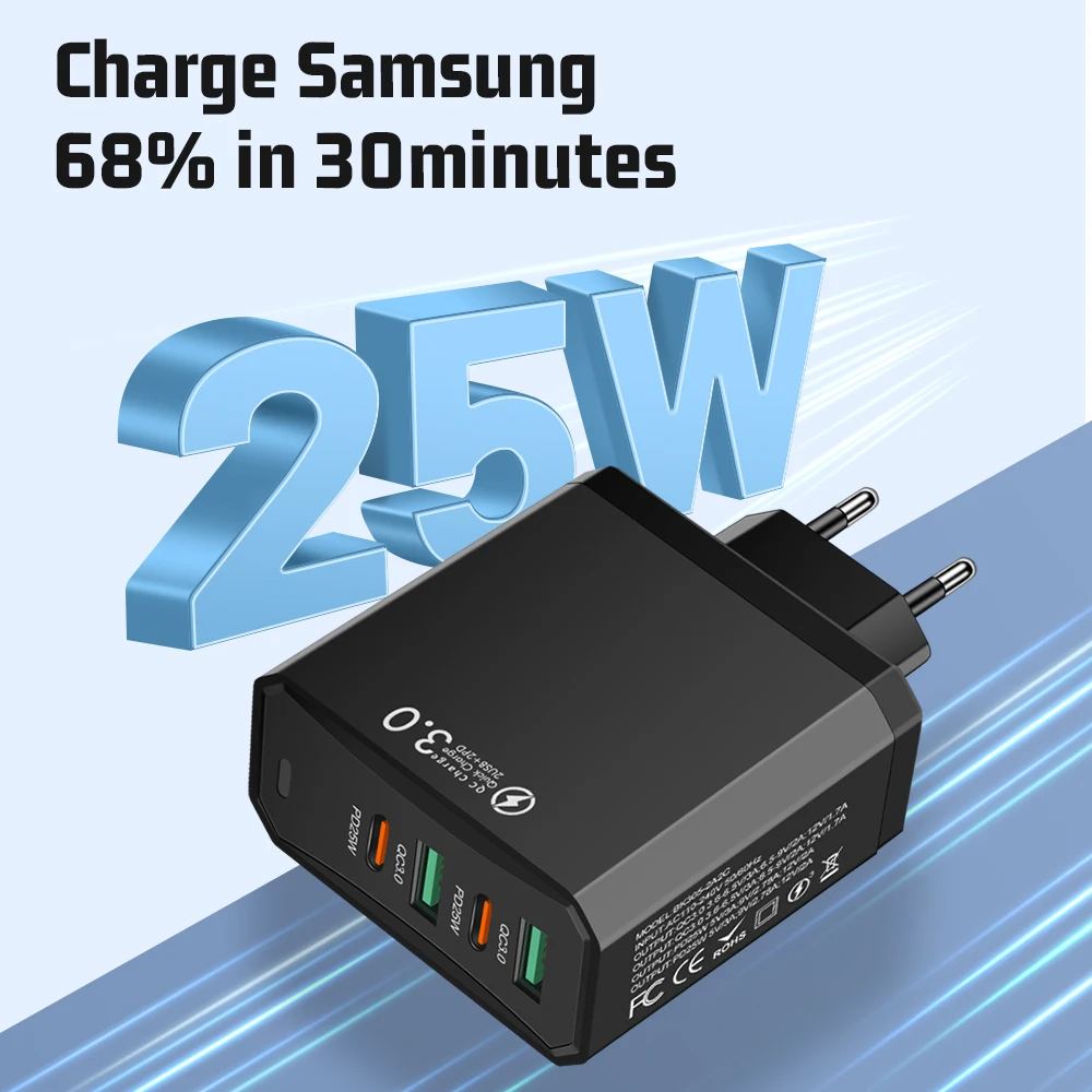 Multi ports USB Charger Fast Charging 4Ports PD TypeC Quick Charger 3.0 For iPhone 16 Samsung Xiaomi Huawei Wall Charger KR Plug