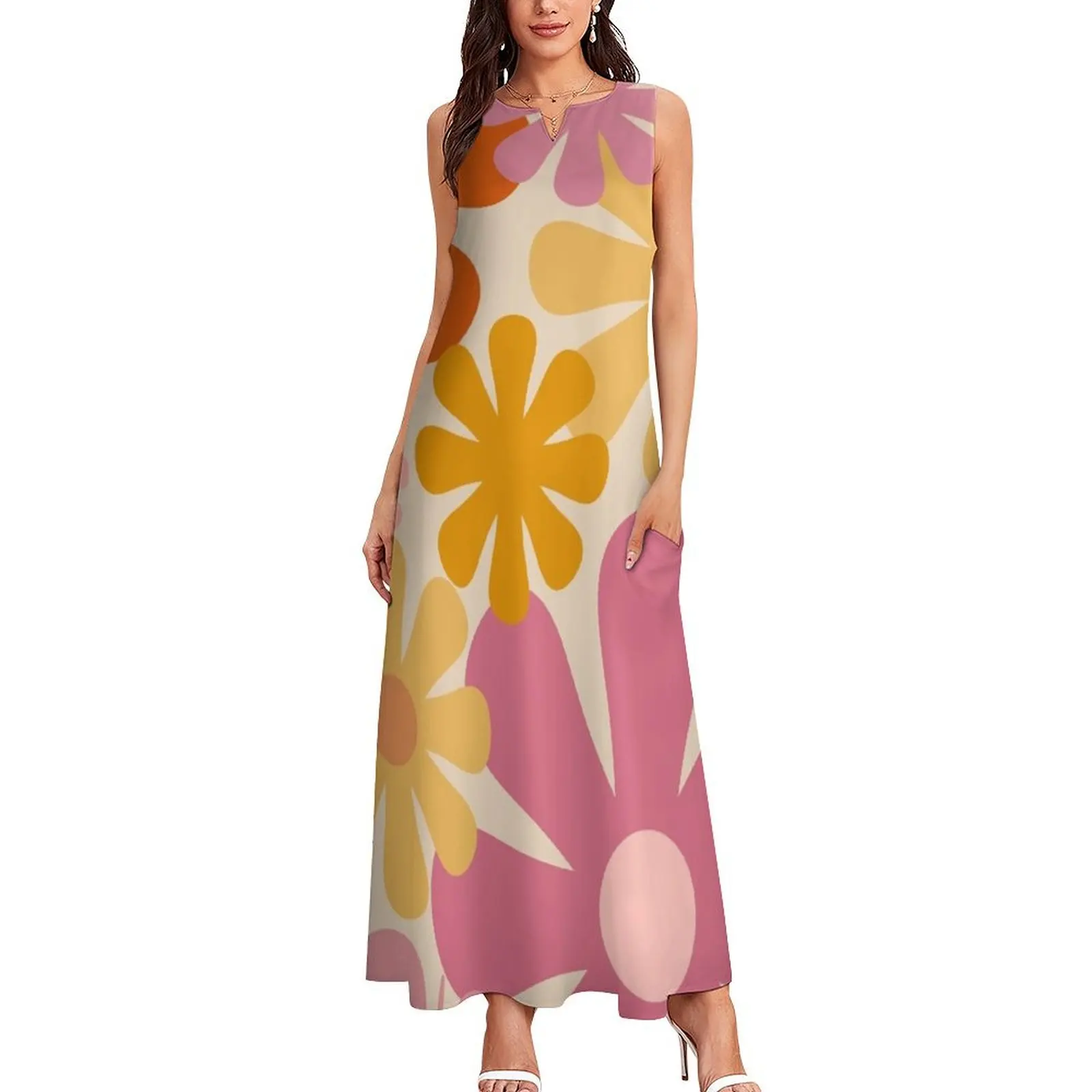 Retro 60s 70s Flowers - Vintage Style Floral Pattern in Thulian Pink, Orange, Mustard, and Cream Long Dress dress summer