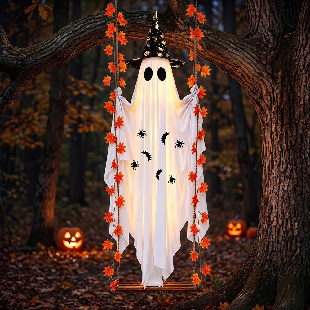 Halloween Decorations Outdoor Large Hanging Swing Ghost Outdoor Decor with Witch Hat & Maple Leaf Vine, Remote Control LED Light