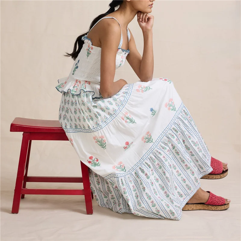 A83F-Vestido bohemio de verano para mujer, vestido con hombros descubiertos Y2k, vestido largo fluido con volantes y volantes, vestido veraniego para playa y vocación