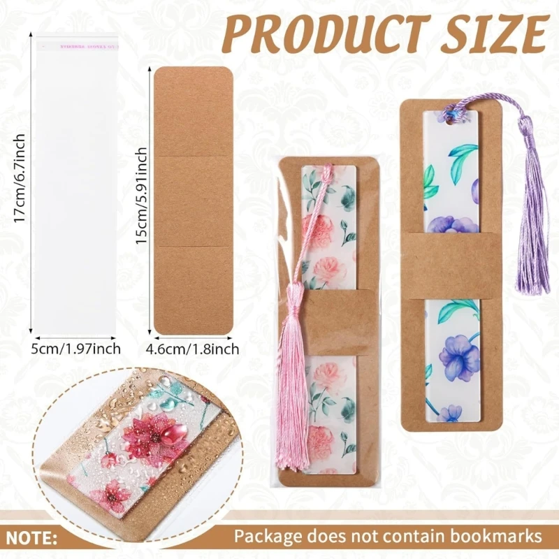 E0BF Juego 100 fundas papel para marcapáginas personalizados, bolsas autoadhesivas transparentes, soporte para Kraft,