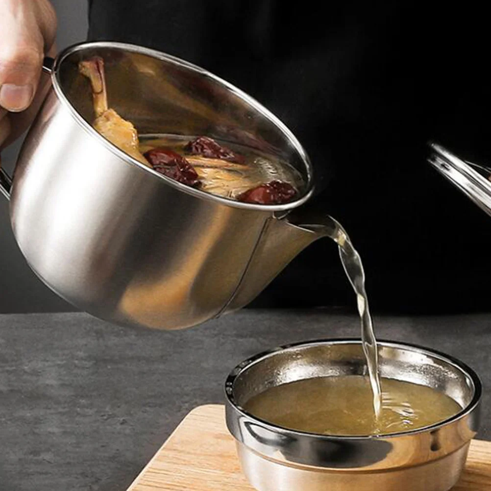 

1pc 1000Ml Stainless Steel Soup Grease Separator Bowl Lid Sieve Oil Filtering Fast Arc Spout Drain Liquid Seasoning Container