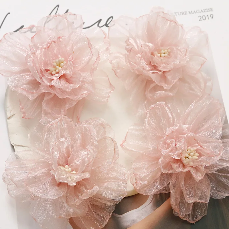 5PCS/Lot Pink Organza Blossoms Flower Appliques Sewing For Headband Rose Fabric Flowers For Hairpin Earrings Accessories