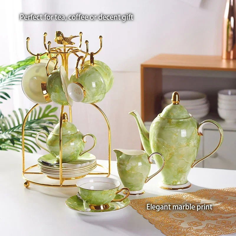 Marble Bone China Coffee Set Marbling Porcelain Tea Pot Cup Ceramic Mug Sugar Bowl Creamer Teapot Party Drinkware Coffeeware