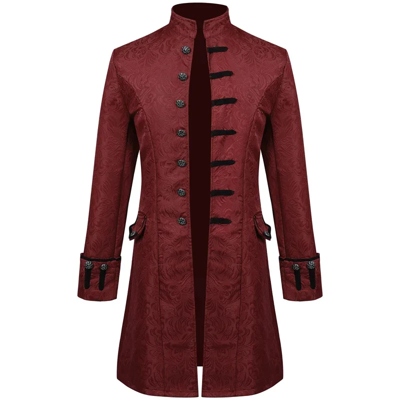 Red Men Thin Stage Performance Dress Long Jacket, Blue and Black Male Stand-up Collar Jacquard Halloween Trench Coat.