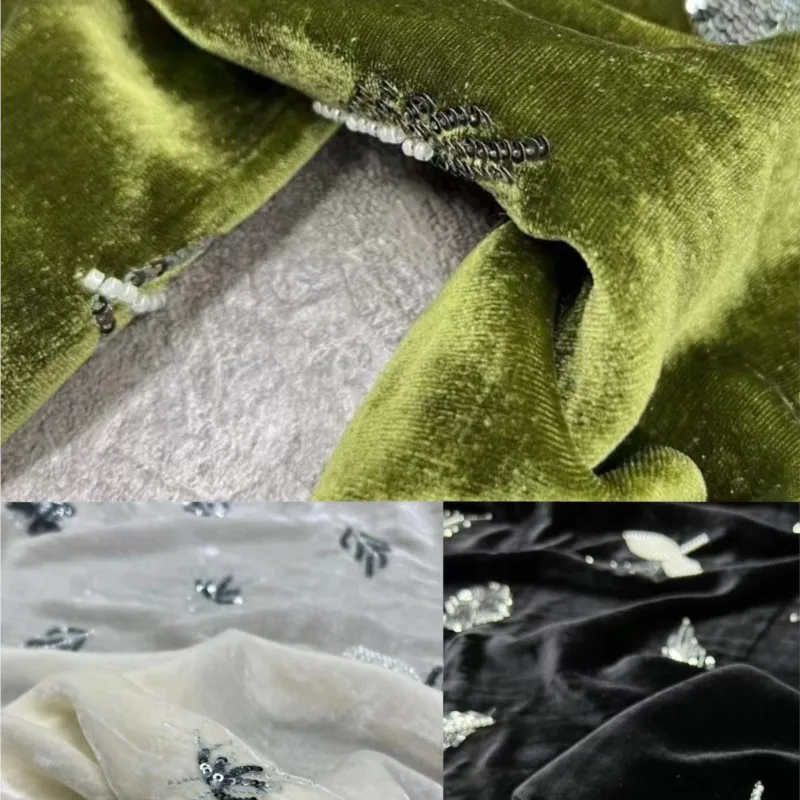 가을, 겨울 무거운 크레페 수 놓은 파란색 실크 벨벳 원단 하나의 꽃 세 가지 색상 중국어 번체 스타일 코트 순수