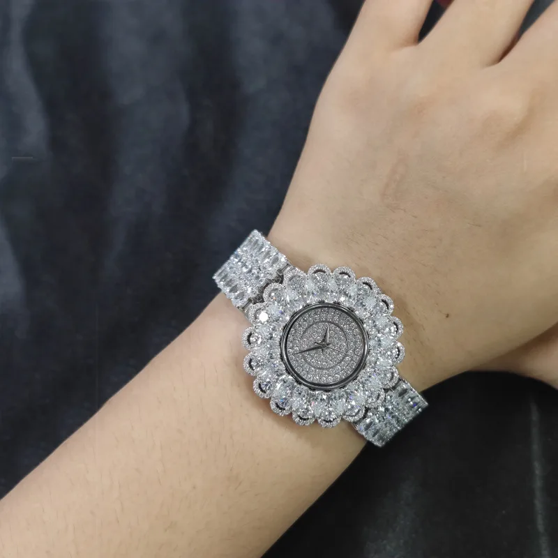 Luxury 925 Silver Moissanite Women's Watch Iced Out Diamond Floral Dial Bling Bracelet Watch Fine Jewelry Gift view 5