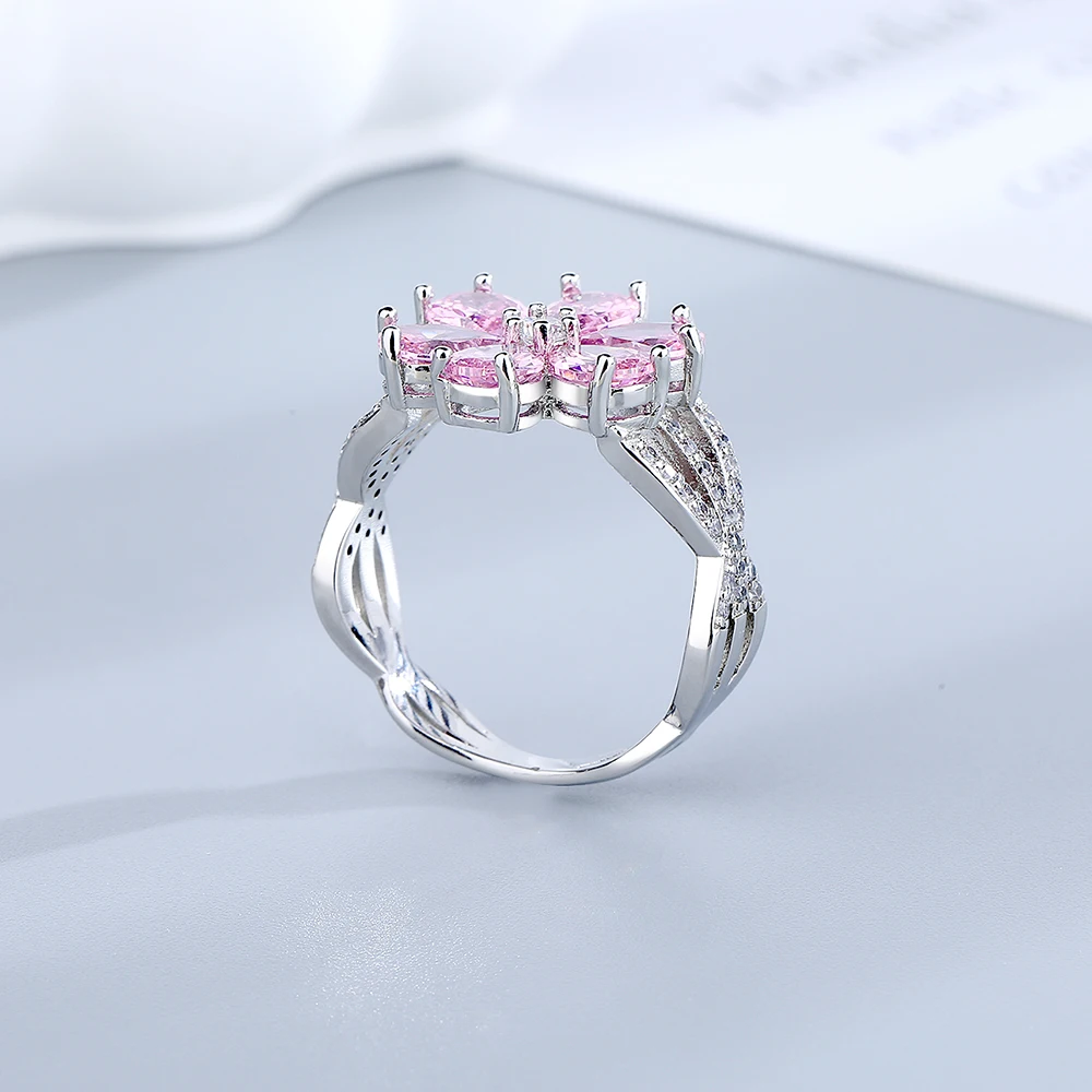 Pink Yellow Flower Sparkling Zircon Engagement Wedding Ring 18K Gold Plated White Gold Plated Jewelry