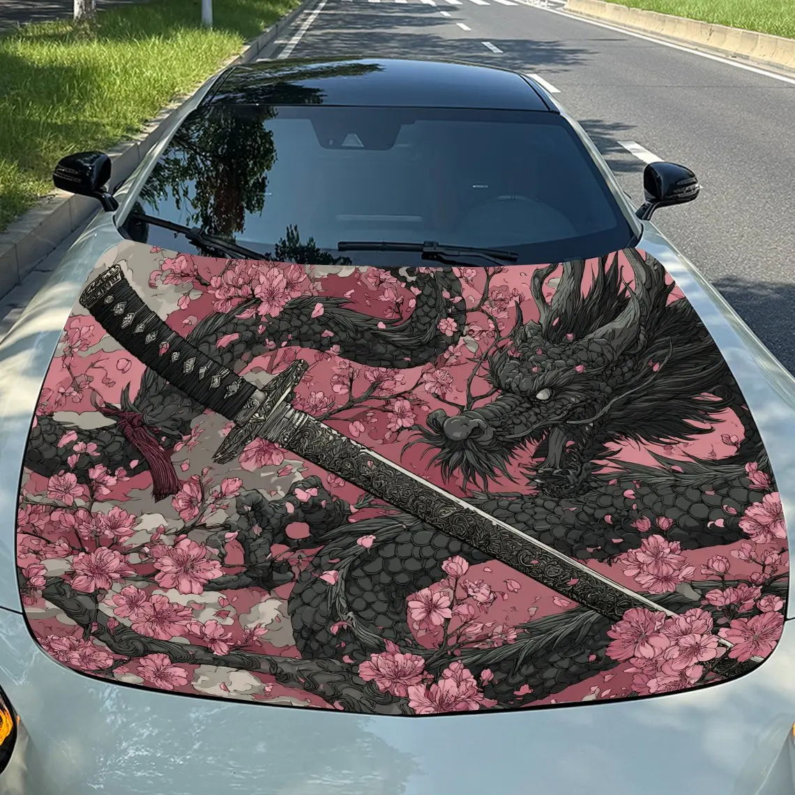 

Виниловая пленка для автомобиля в японском стиле Sakura Dragon Blade, водонепроницаемая наклейка на капот автомобиля из ПВХ, самоклеящиеся устойчивые к царапинам наклейки для