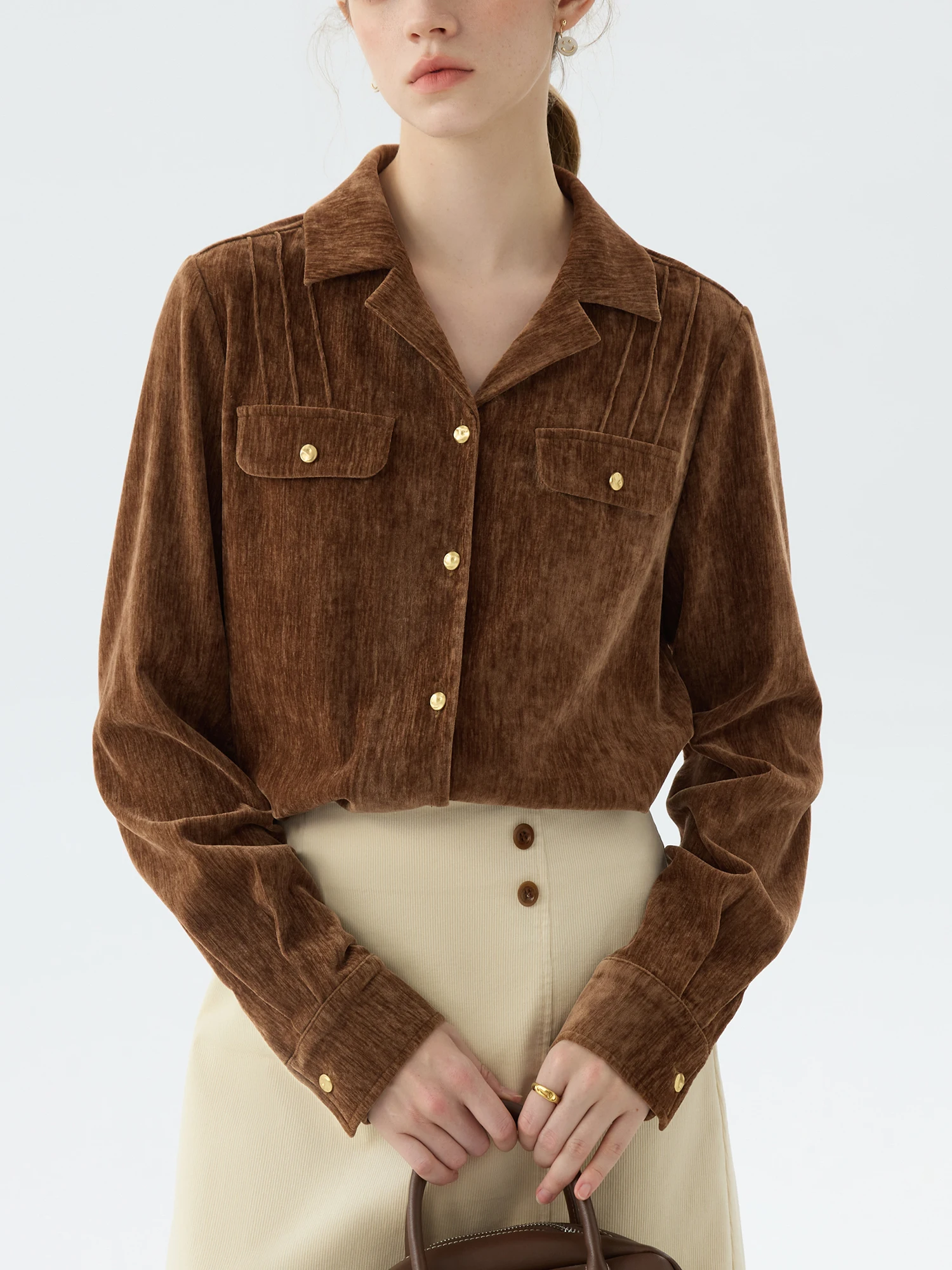 FSLE Women Blouse Winter Beige Long Sleeve Beige Shirt Top Front Shoulder Turn-down Collar Caramel Color Commuer Shirt 24FS14523