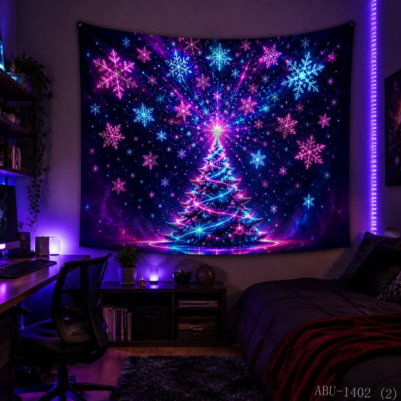 VIKAMA Neon Purple Blue Tree Starry Sky Mountain Snowy Forest Galaxy Christmas Tapestry Wall Hanging Bedroom Living Room Dorm