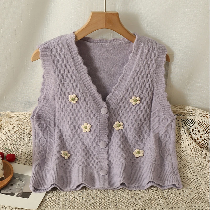 HELIAR Women V-neck Buttons Up Cardigan Flower Preppy Style Sweet Sweater Vest Office Knitted Vest Casual Tops Autumn Winter