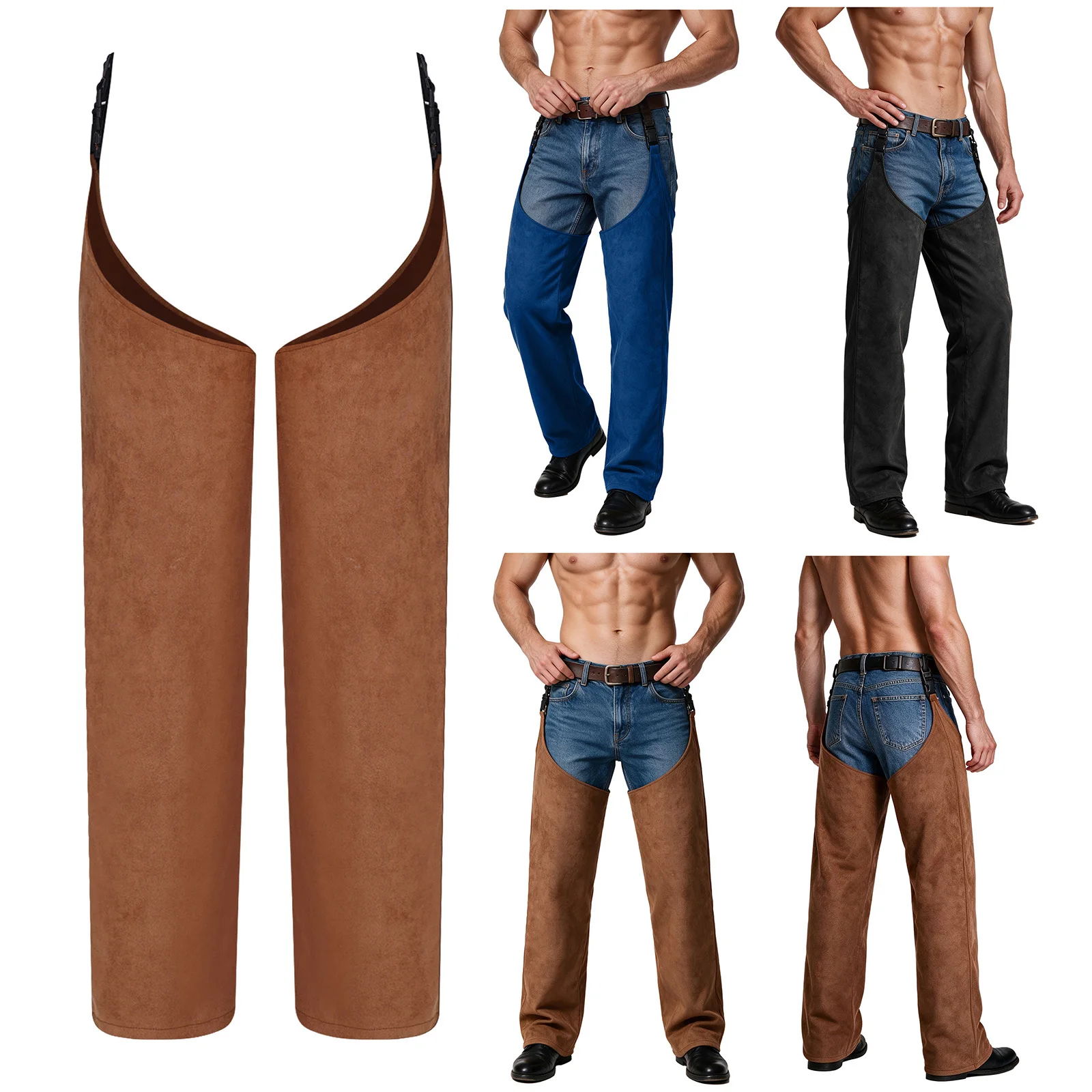 Mens Western Cowboy Chaps Fuax Suede Open Crotch Pants Vintage Hippie Adjustable Buckle Cutout Trousers Halloween Riding Costume