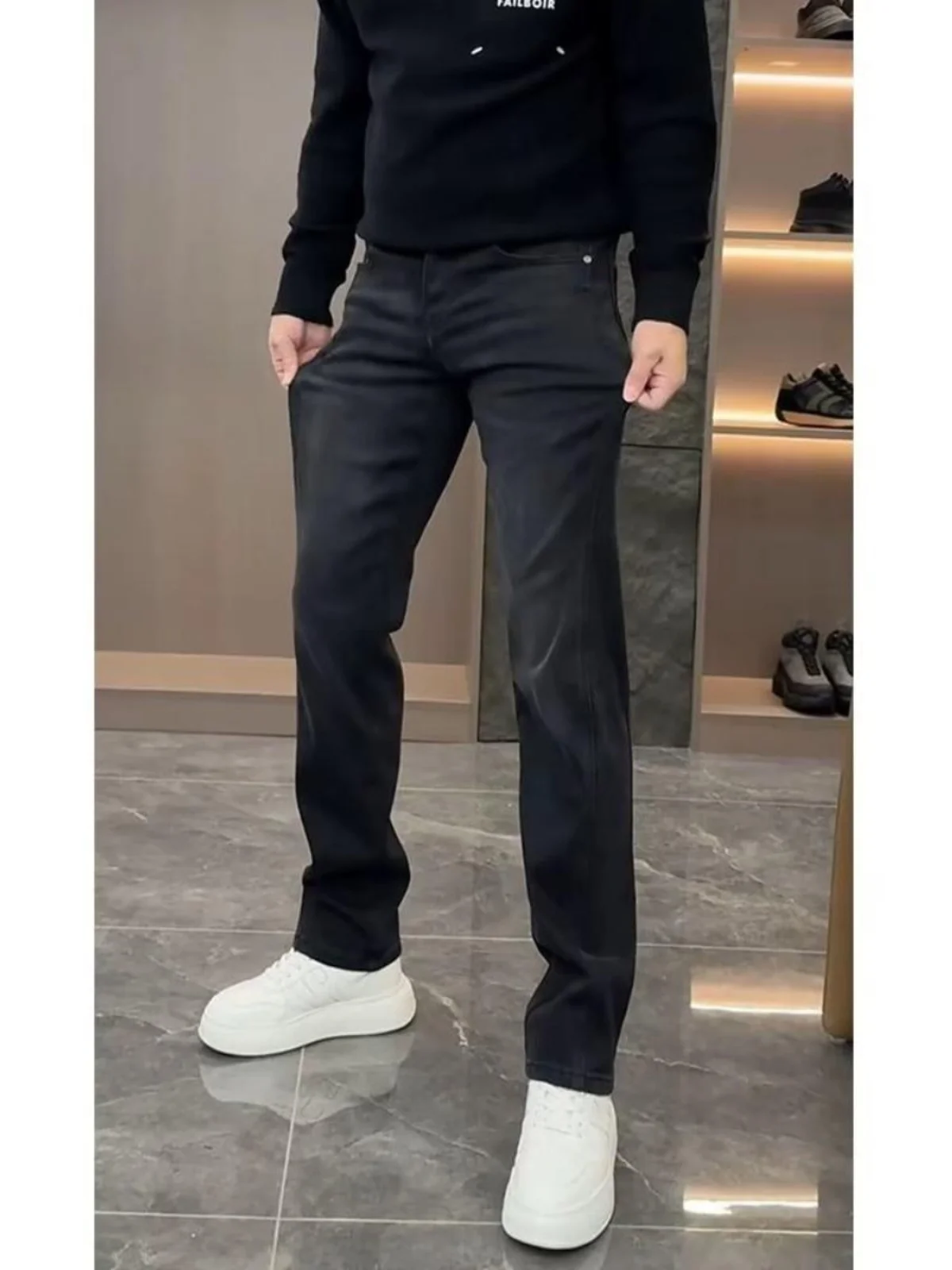 

Повседневные мужские джинсы в американском стиле с черной талией, осень-зима, новые широкие прямые длинные брюки, уличные джинсы Faion ex Jeans