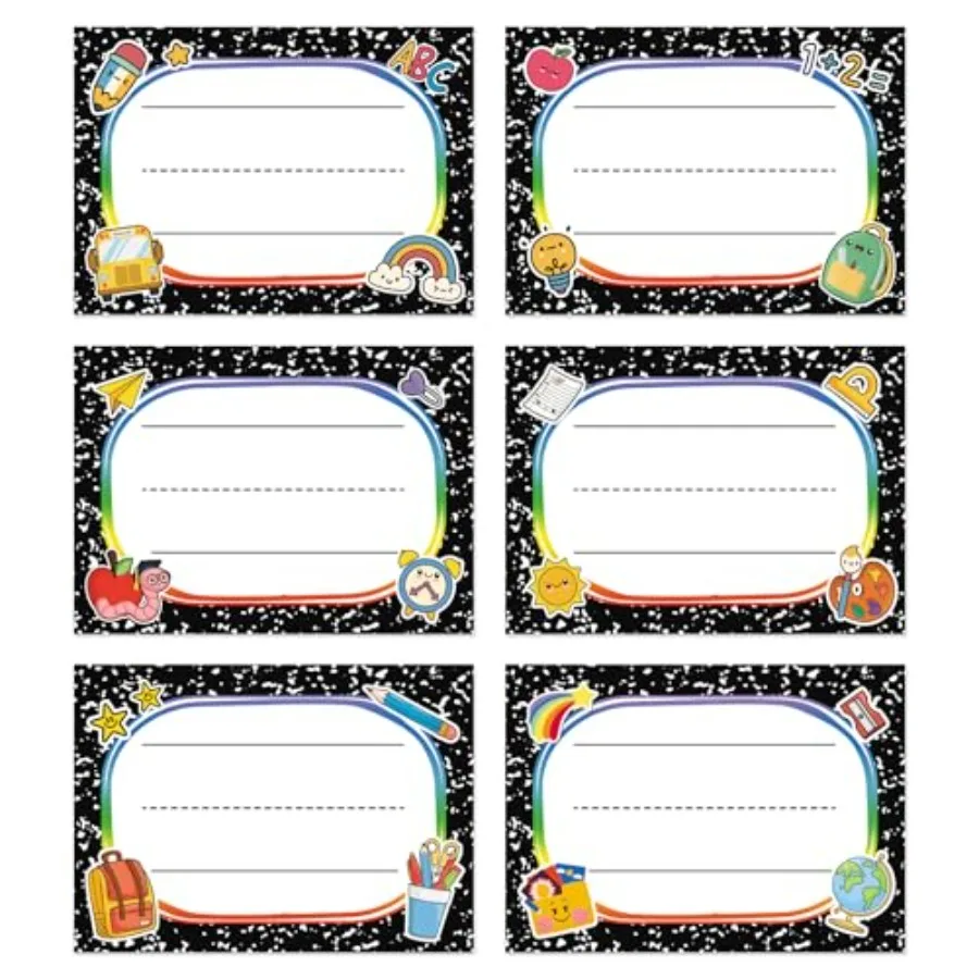 144 PCS Name Tags Stickers for Classroom, Self-Adhesive Composition Name Labels for Students, 6 Designs Classroom Nameplates St