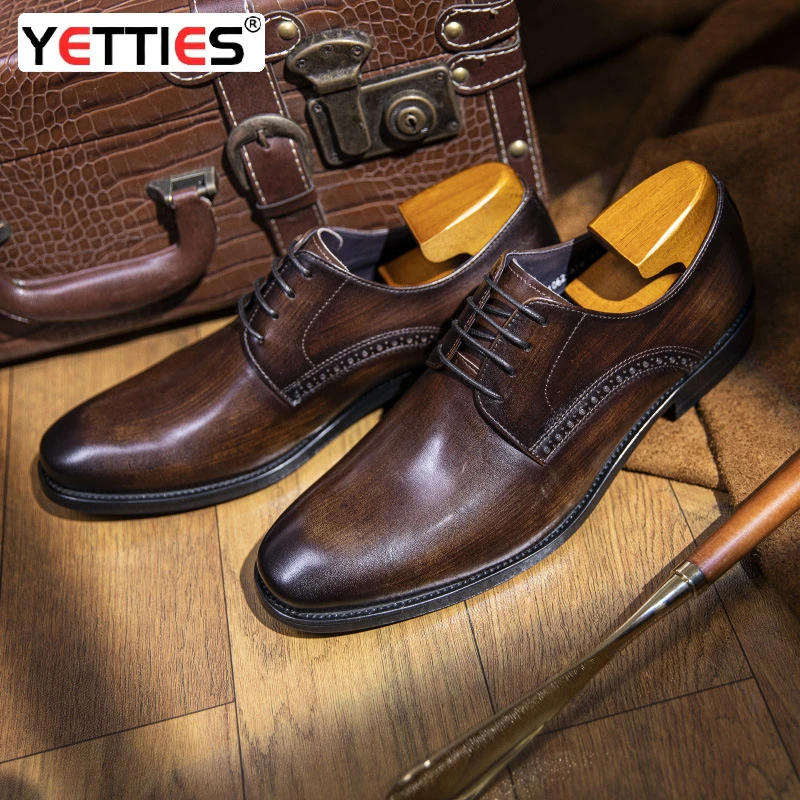 Men's business formal leather shoes round toe lace-up suit toe layer cowhide hand-polished work shoes wedding shoes derby shoes