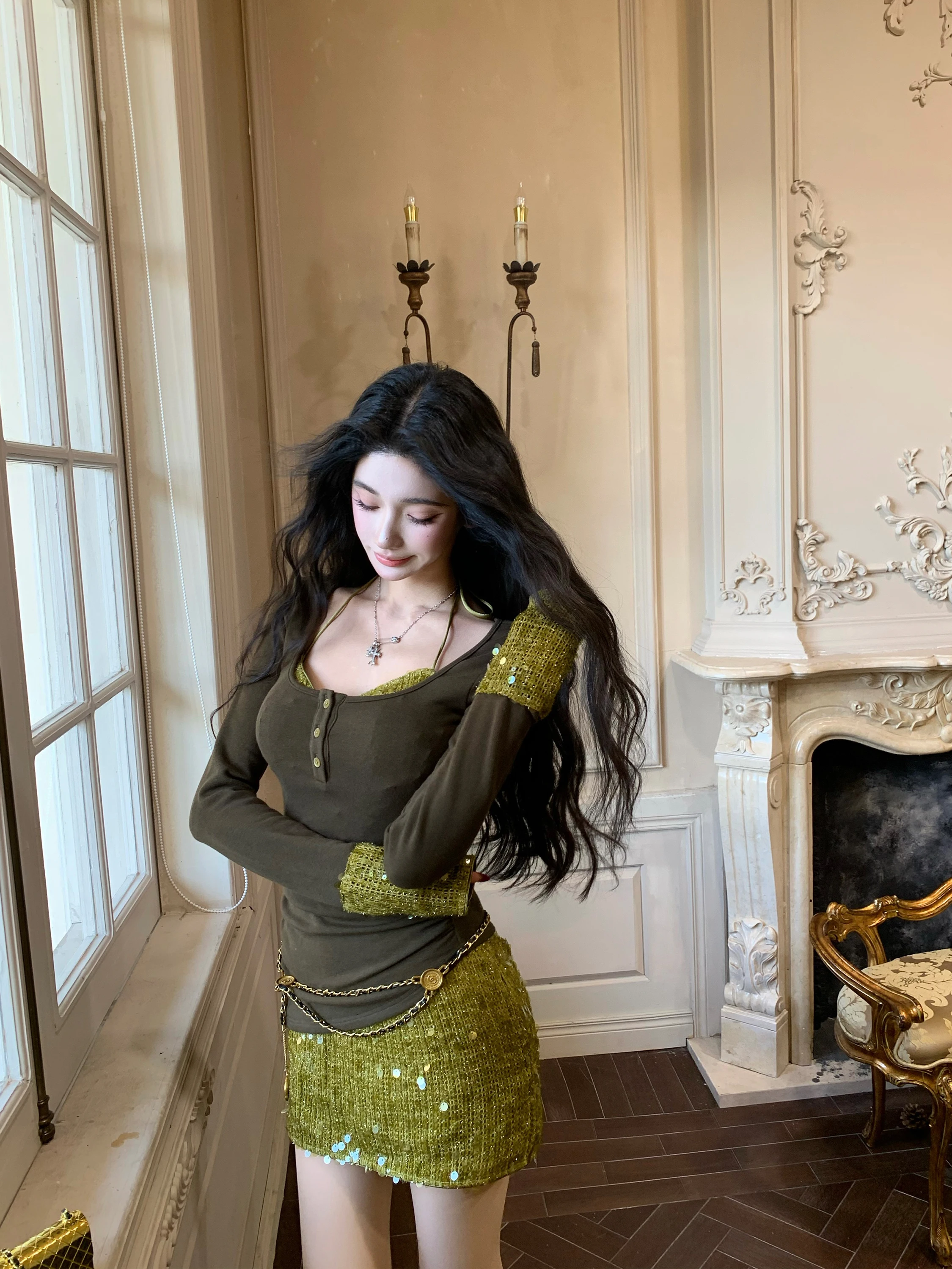 

Вязаное платье-накидка Barb Chill с эффектом двухслойности, сексуальное, с завышенной талией, из смесового хлопка, с длинными рукавами, для дня рождения, Нового года, женское модное платье