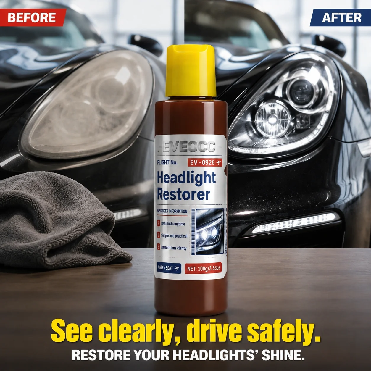 EVEOCC Headlight Restorer 100g, Car Headlamp Lens Restoration Cream Remove Yellowing Oxidation Restore Clarity