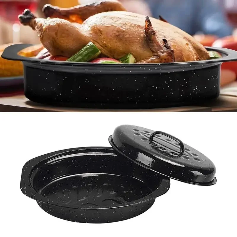 Practical Enameled Steel Roaster Pan With Auto Basting Lid Fit 1 3 People Oven And Stovetop Safe Convenient Design D2RD