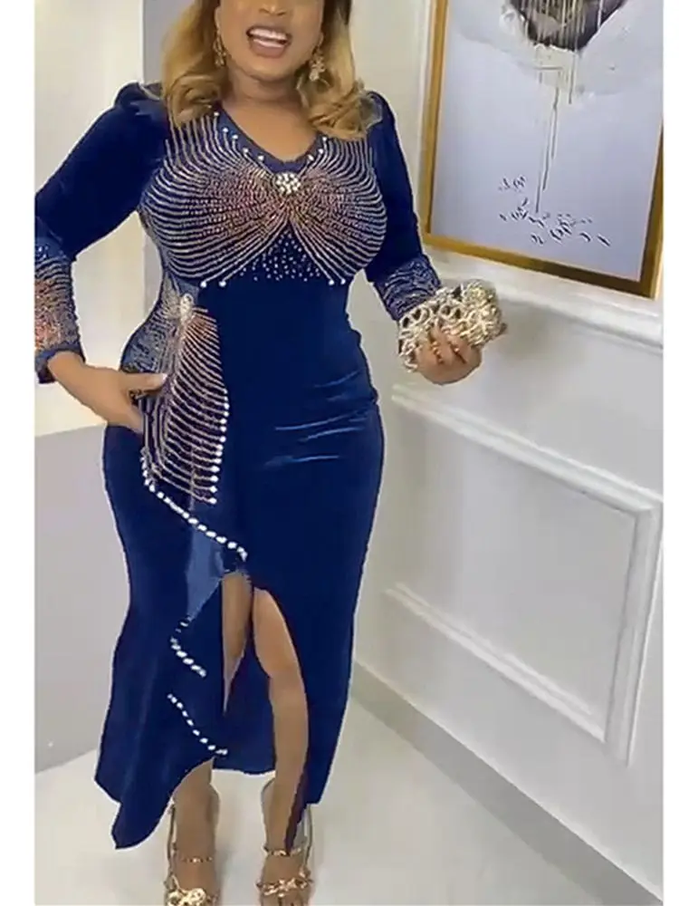 Plus Size African Party Dresses for Women 2024 New Dashiki Diamond Sexy Bodycon Wedding Gowns Fashion Kaftan Turkish Outfits