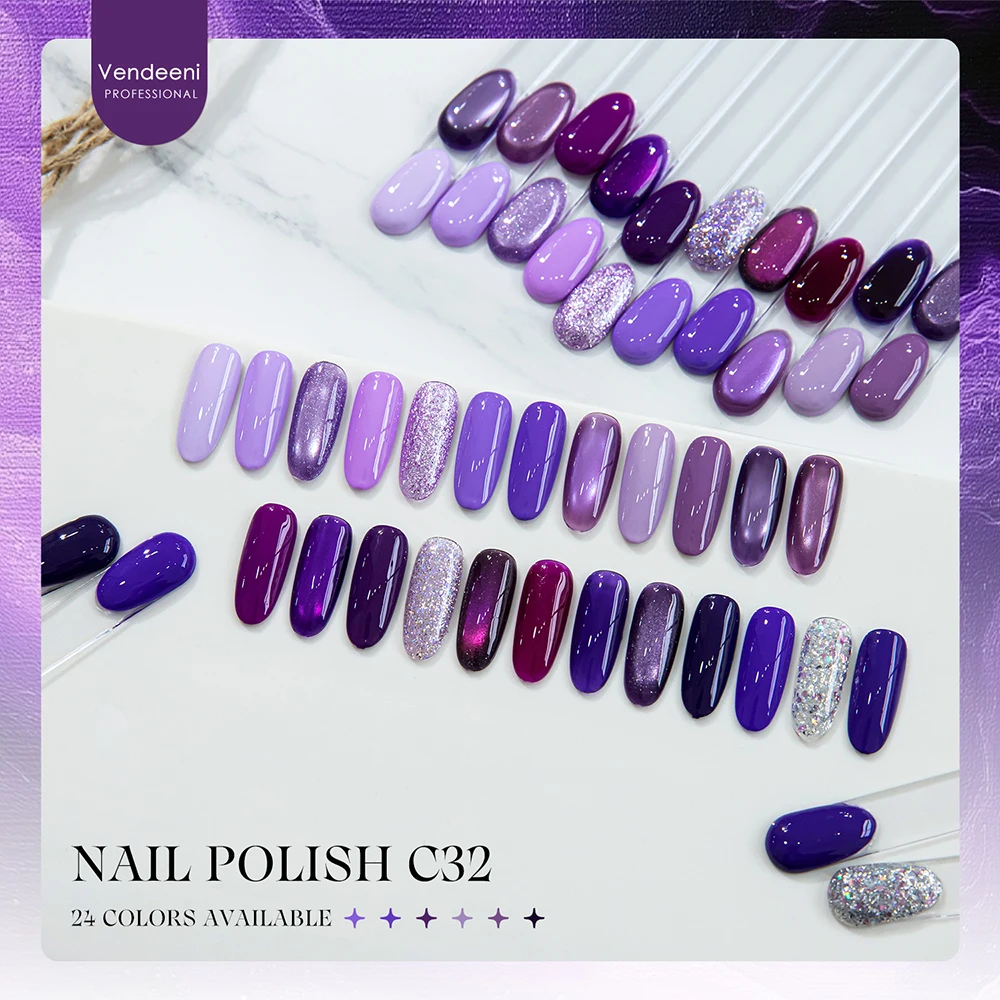 Vendeeni 24 Colors Purple Gel Nail Polish Mixed Set Glitter Sequins UV Soak Off Gel Varnish Magnetic Cat Eye Gel With Display