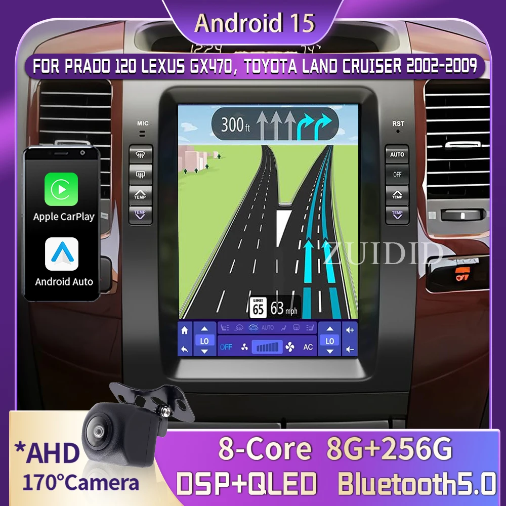 Android 15 Car Radio For Prado 120 Lexus GX470 For Toyota Land Cruiser 2002-2009 Stereo Multimedia Player Tesla Style Carplay BT