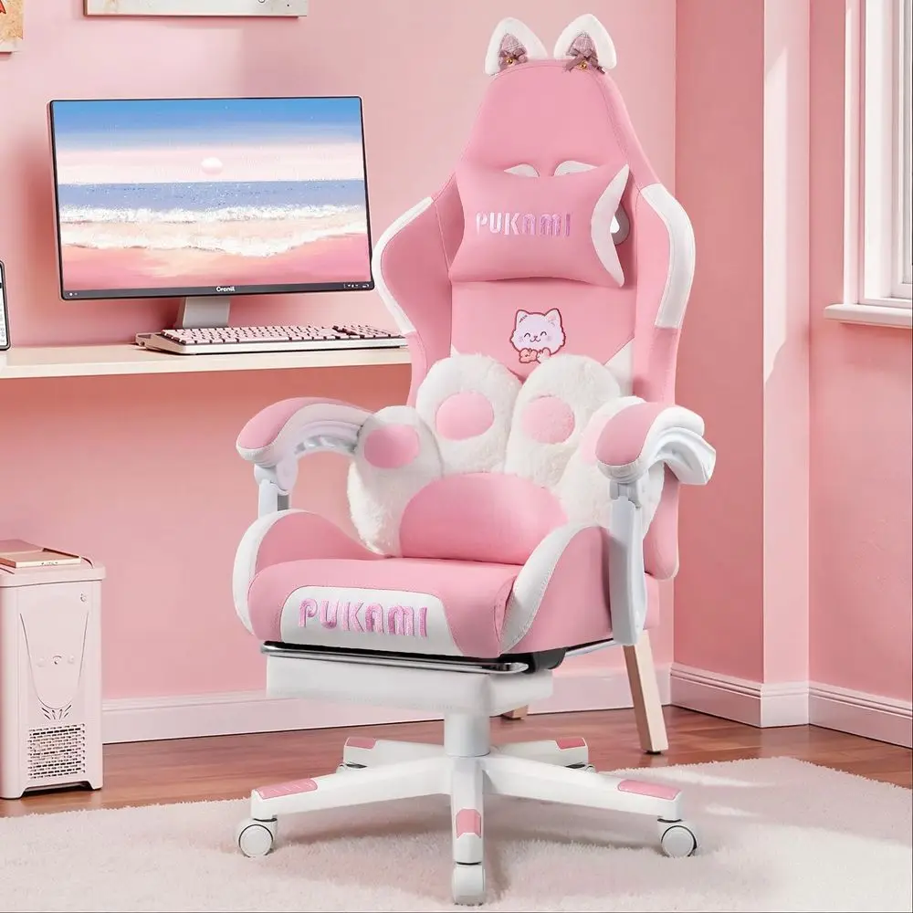 Pink Gaming Chair with Cat Ears & ootrest, Ergonomic Gaming Computer Desk Chair with Cat Paw Lumbar Support & Linked Armrests -