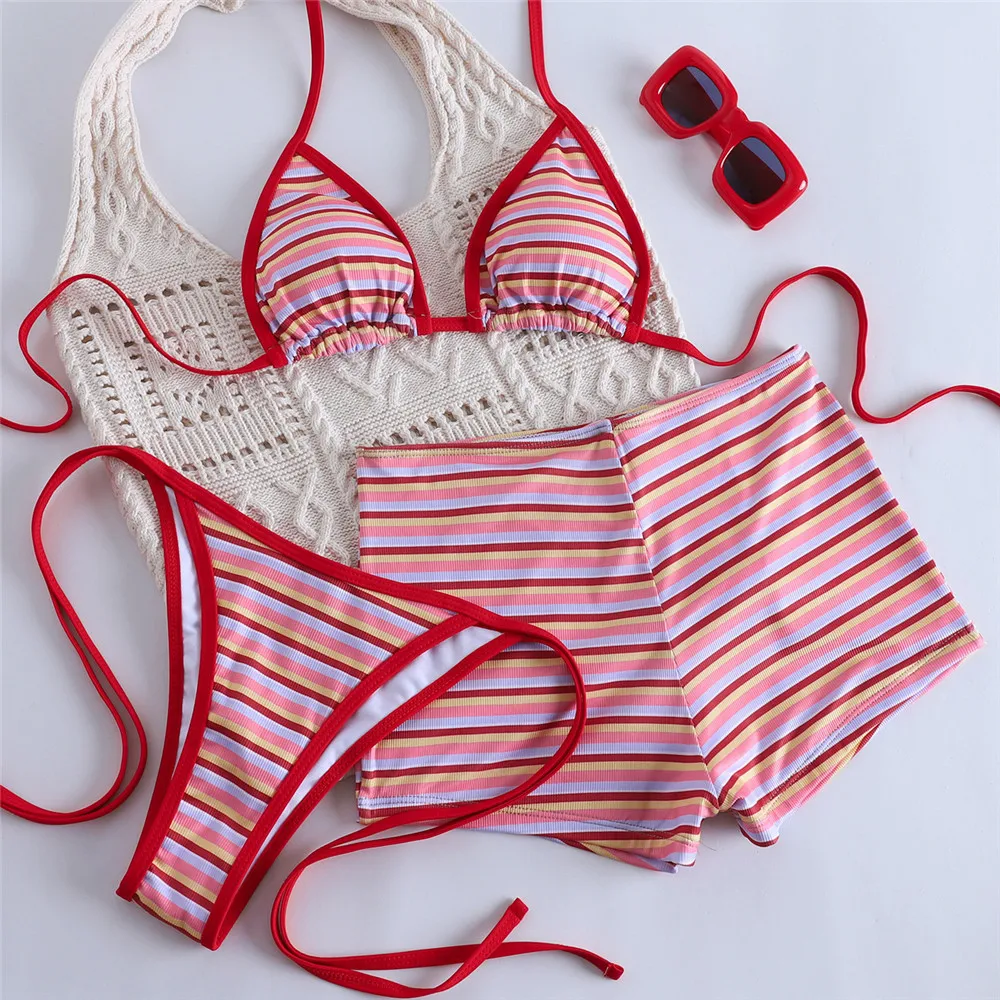 

Red Striped Print Swimwear Bottom Shorts Halter String Triangle Micro Bikini Thong Sexy Swimsuit Woman 2026 3 Piece Bikinis Sets