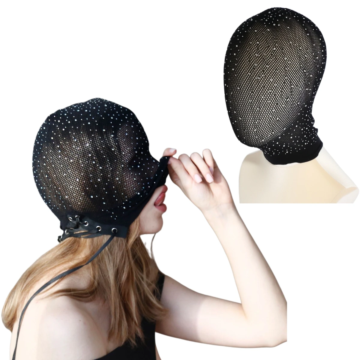 New Black Breathable Lace Unisex Sexy Head Mask Bling Diamond Face Cover For Cosplay Party Ball Performance Mask Headgear