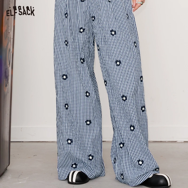 

ELFSACK 2025 Summer New Arrival Loose Casual Straight Floral Plaid Printed Wide Leg Trousers For Women