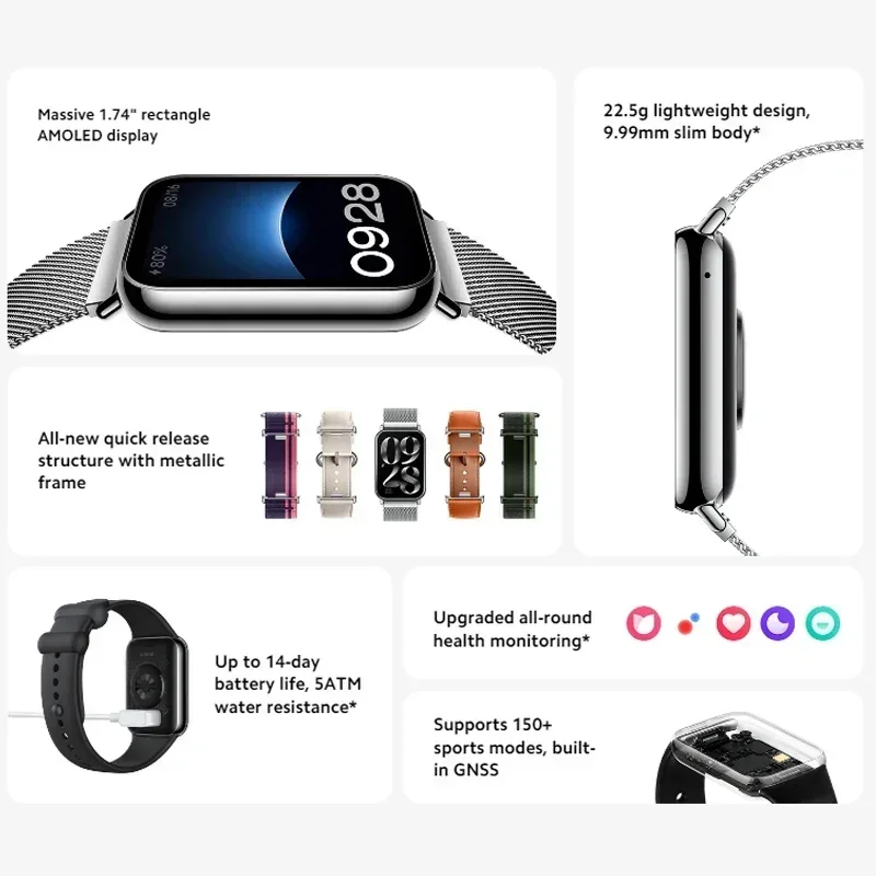 Xiaomi-Bracelet intelligent Mi Band 8 Pro, version globale, montre carrée AMOLED, moniteur d'oxygène sanguin et de fréquence cardiaque, Bluetooth 5.3, GNSS, document de 1,74"