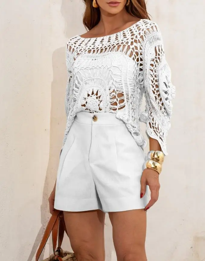 

Women's Two-Piece Set 2025 Women's Hollow-Out Contrast Two - Piece Set Boat Neck Top with Shorts Stylish Outfit for Summer Beach