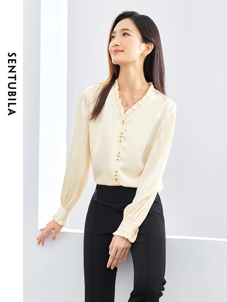 SENTUBILA Elegant French Satin Shirts Blouses Woman 2024 Spring Autumn Female V-neck Long Sleeve Tops Womens Clothes 141V53078