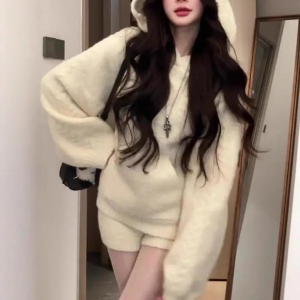 Autumn Winter Knitted Women's Loose Hoodie Coat Japanese Korean Fashion Sweet Hoodie and Shorts Two Piece Set Sweatshirt