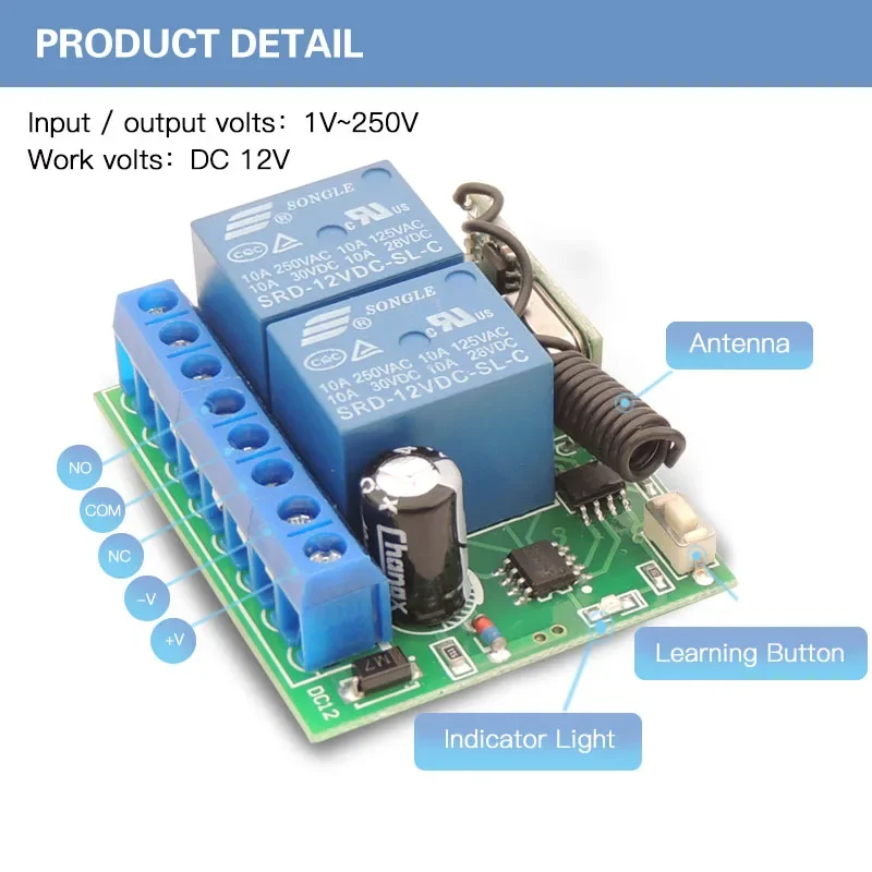 433 MHz Remote Control Switch DC 12V 10A 2 Gang rf Relay Receiver and Transmitter for Current Positive and Negative control