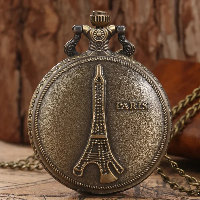 Old Fashion Paris Tower Design Men Women Quartz Analog Pocket Watch Full Hunter Clock 80Cm Sweater Necklace Chain Souvenir Reloj