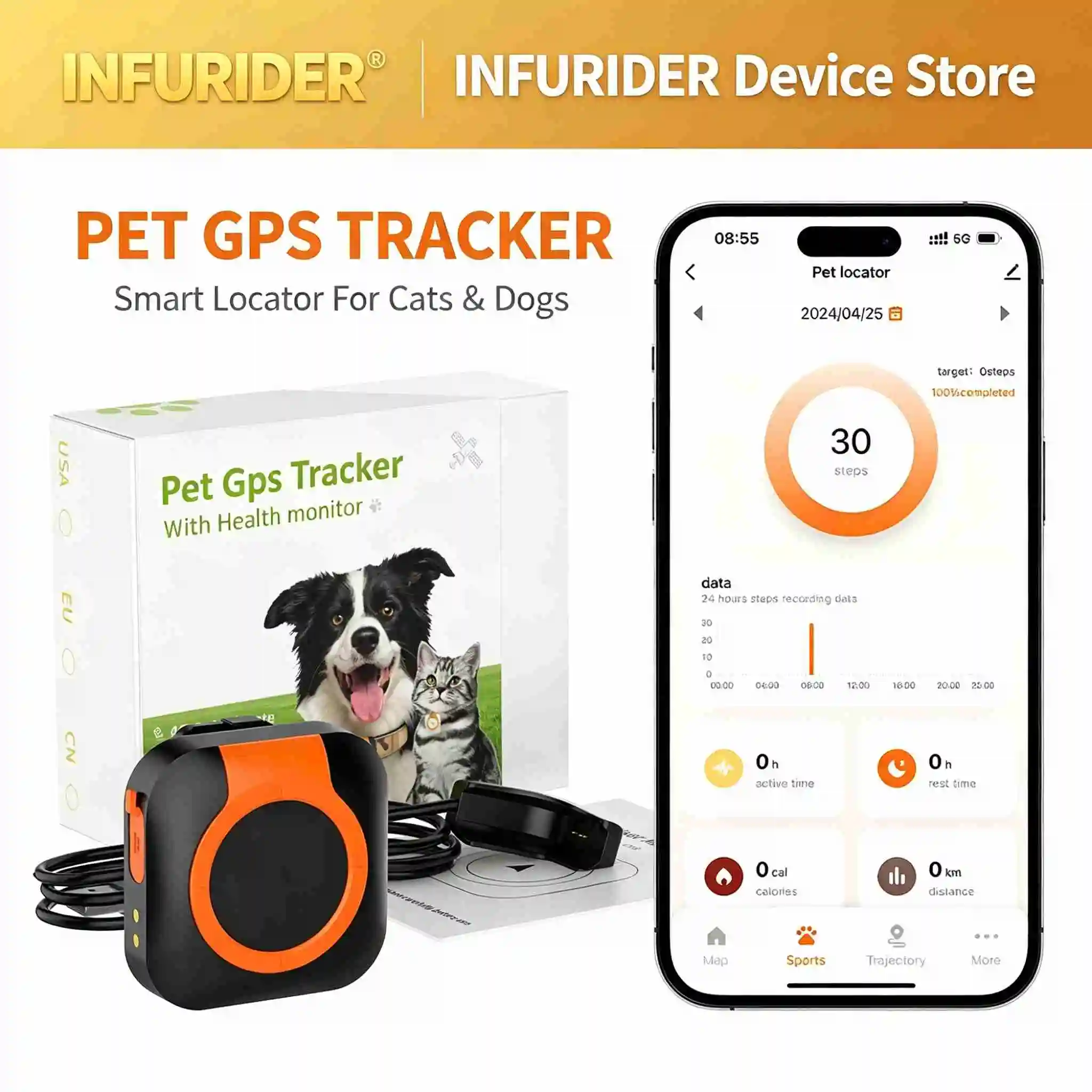 GPS Pet Tracker Real-Time Locator for Dogs Cats Mini GPS Device Health Monitor Electronic Fence IP66 Waterproof Tuya APP
