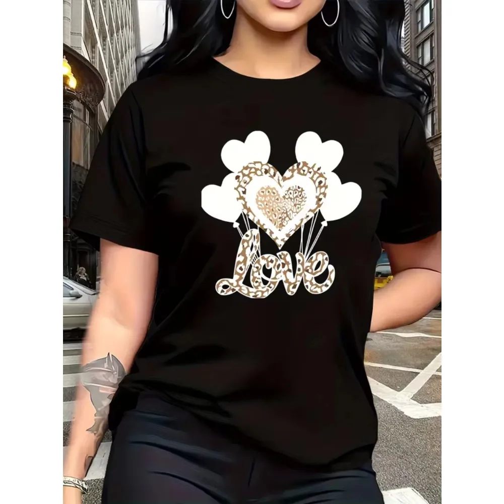 Black and Leopard Print Heart-Shaped Balloon Pattern Fashionable Casual Short-Sleeved Round-Neck Women T-Shirt Y2k Top T Shirts