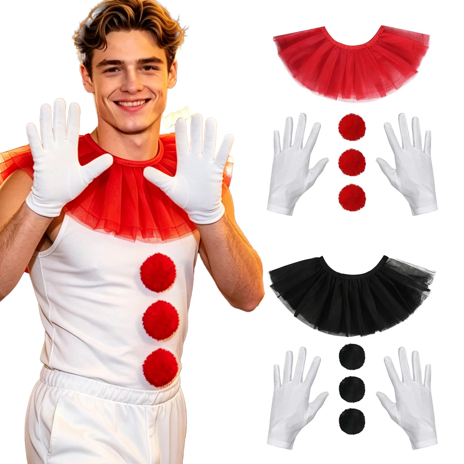 Halloween Clown Ruffled Tulle Faux Collar Gloves And 3pcs Pompoms Costume Accessories for Jester Themed Party Cosplay 3