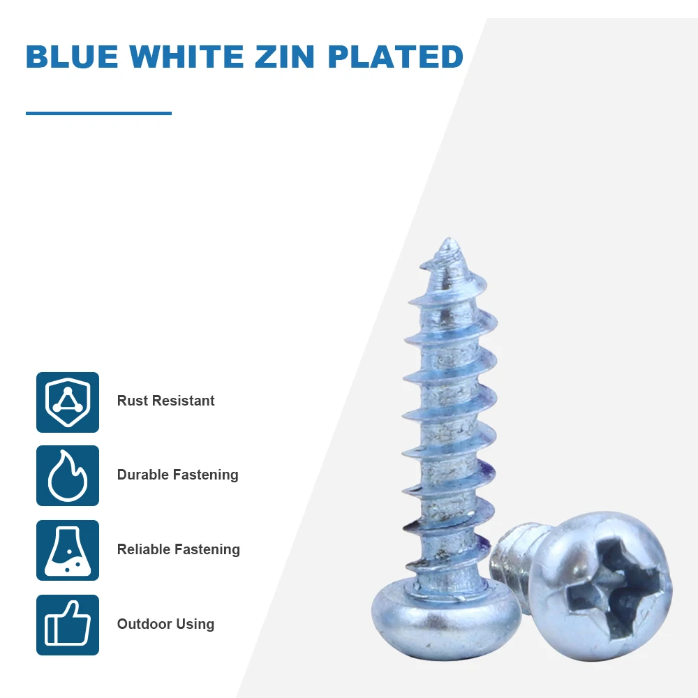 JUIDINTO 100pcs/bag Phillips Recessed Pan Round Head Tapping Screws Blue Zinc Plated Cross Head Wood Screws M1.7 M2.3 M3 M3.9