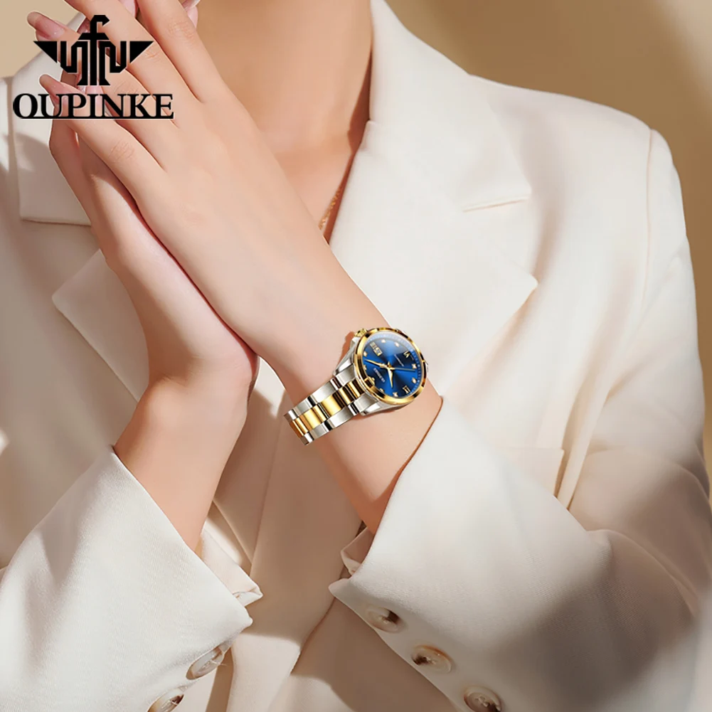 OUPINKE 3199 ساعة نسائية أنيقة ساعة ميكانيكية ماسية حقيقية للنساء تاريخ تلقائي ساعة يد فاخرة 50 متر مقاومة للماء مضيئة