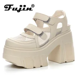 Fujin 11cm Air Mesh Genuine Leather Breathable Hook Pumps Summer Ankle Boot Mary Jane Platform Sandals Chunky Heels Casual Shoes