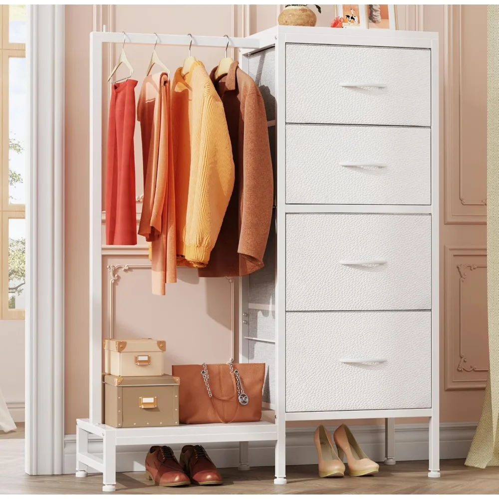 

Dresser with Hanging Rack, 4 Drawers Small Closet for Bedroom, Reversible Fabric Kids Chest of Drawers with Clothes Rack, Tall S