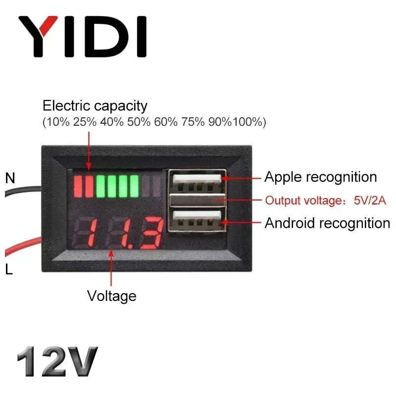 Digital Lead Acid Lifepo4 Lithium Battery Capacity Indicator Dual USB Voltmeter Tester Voltage Meter 12V Car Electric Motorcycle